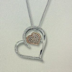 Diamond solid rose gold and silver heart necklace with chain